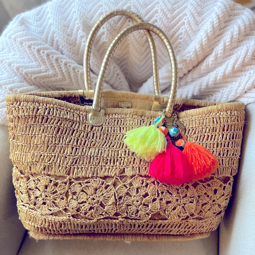 Lily Pulitzer Riviera Straw Tote Bag with Pom Poms (Natural, Large)